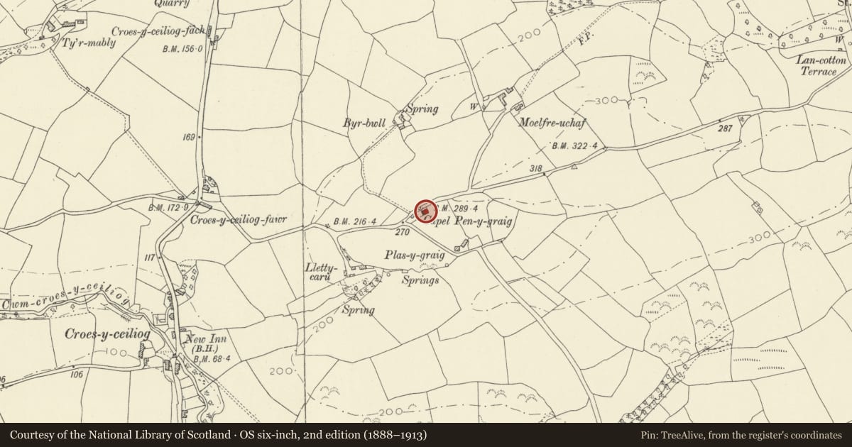 Ordnance Survey six-inch map, 2nd edition (1888–1913) covering the location of Pen-y-graig Independent Chapel, Llandyfaelog, Carmarthenshire, with a pin at the register's coordinates