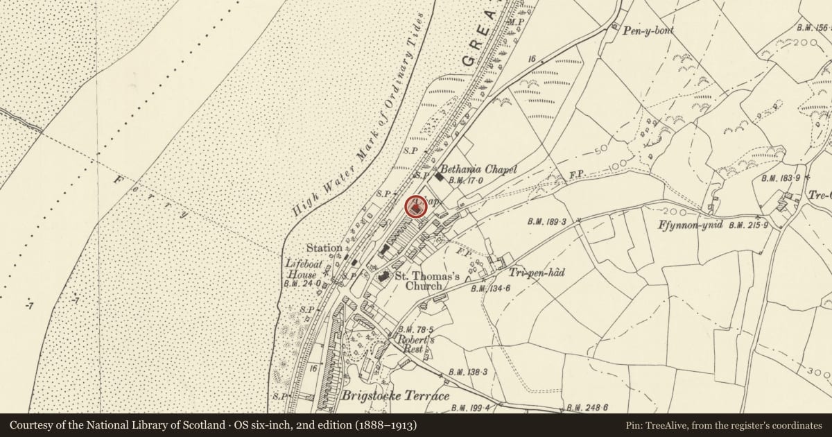 Ordnance Survey six-inch map, 2nd edition (1888–1913) covering the location of Salem Baptist Chapel, St. Ishmael, Carmarthenshire, with a pin at the register's coordinates