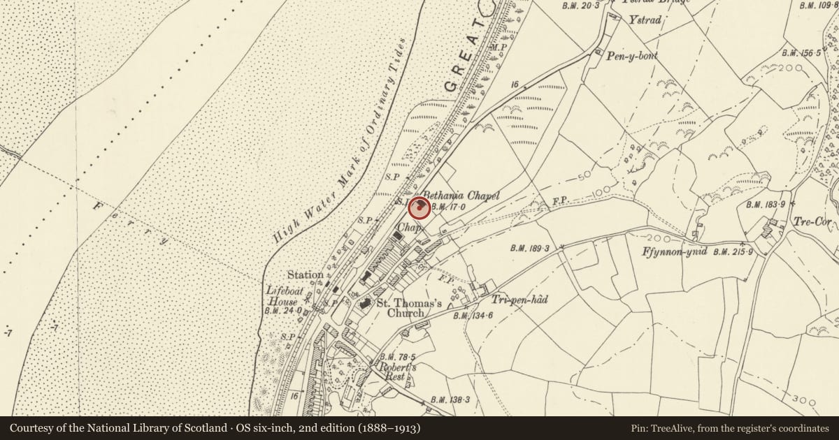 Ordnance Survey six-inch map, 2nd edition (1888–1913) covering the location of Bethania Welsh Presbyterian Church, St. Ishmael, Carmarthenshire, with a pin at the register's coordinates