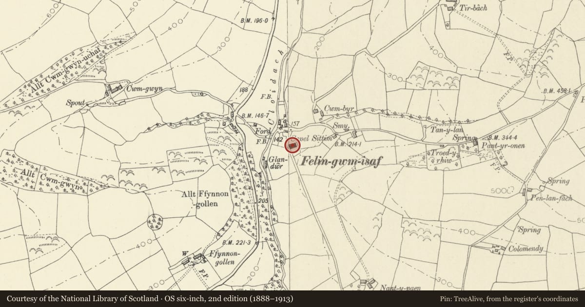 Ordnance Survey six-inch map, 2nd edition (1888–1913) covering the location of Capel Sittim, Llanegwad, Carmarthenshire, with a pin at the register's coordinates