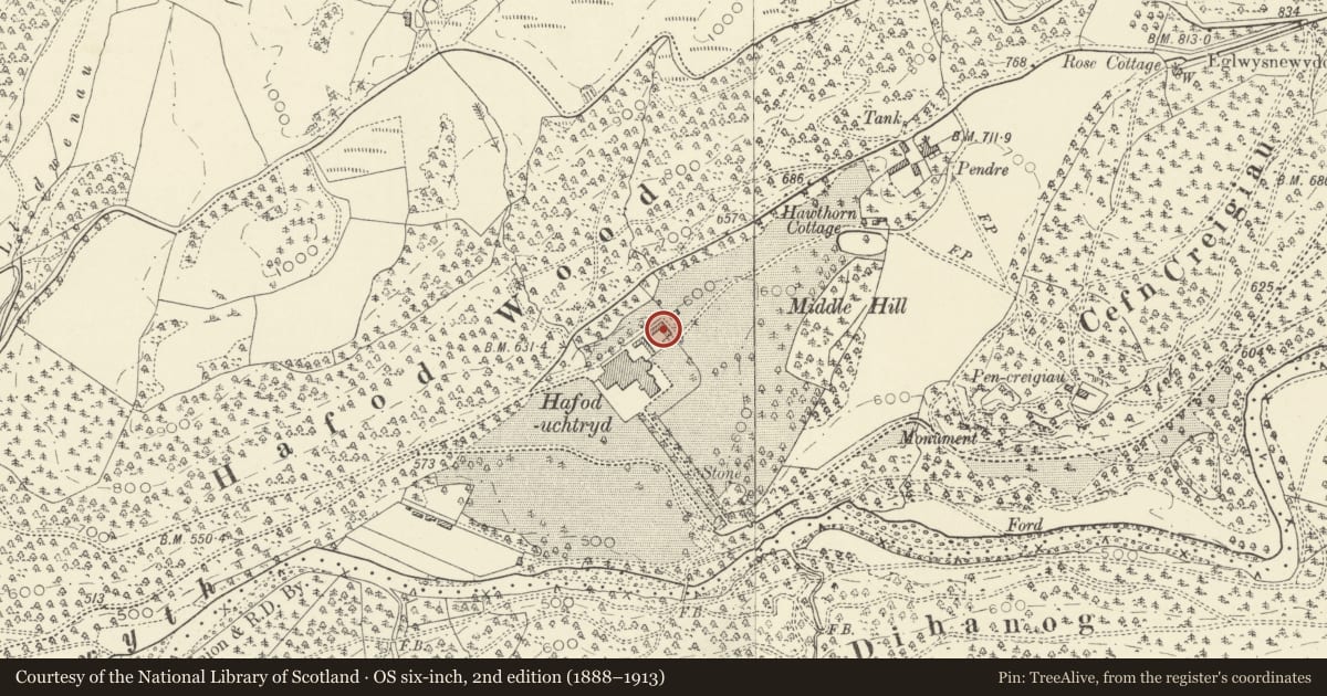 Ordnance Survey six-inch map, 2nd edition (1888–1913) covering the location of Stable Range at Hafod and attached courtyard walls, Pontarfynach, Ceredigion, with a pin at the register's coordinates