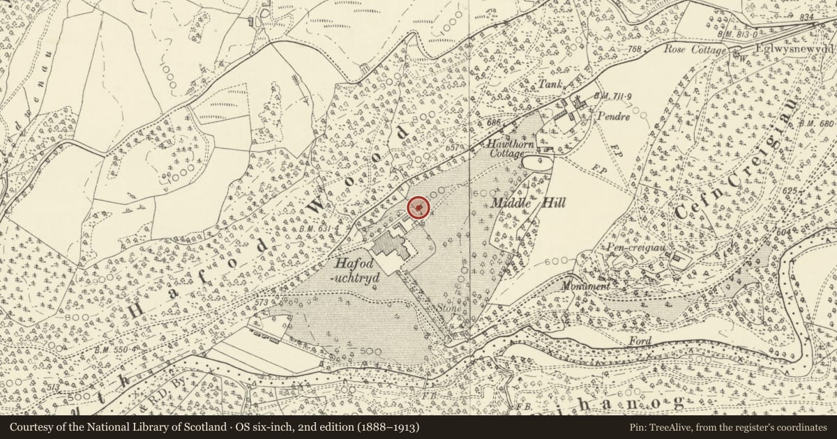 Ordnance Survey six-inch map, 2nd edition (1888–1913) covering the location of Hay-barn at Hafod, Pontarfynach, Ceredigion, with a pin at the register's coordinates