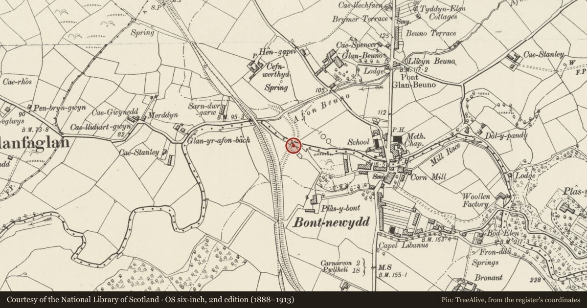 Ordnance Survey six-inch map, 2nd edition (1888–1913) covering the location of Nantlle Tramway River Bridge, Bontnewydd, Gwynedd, with a pin at the register's coordinates