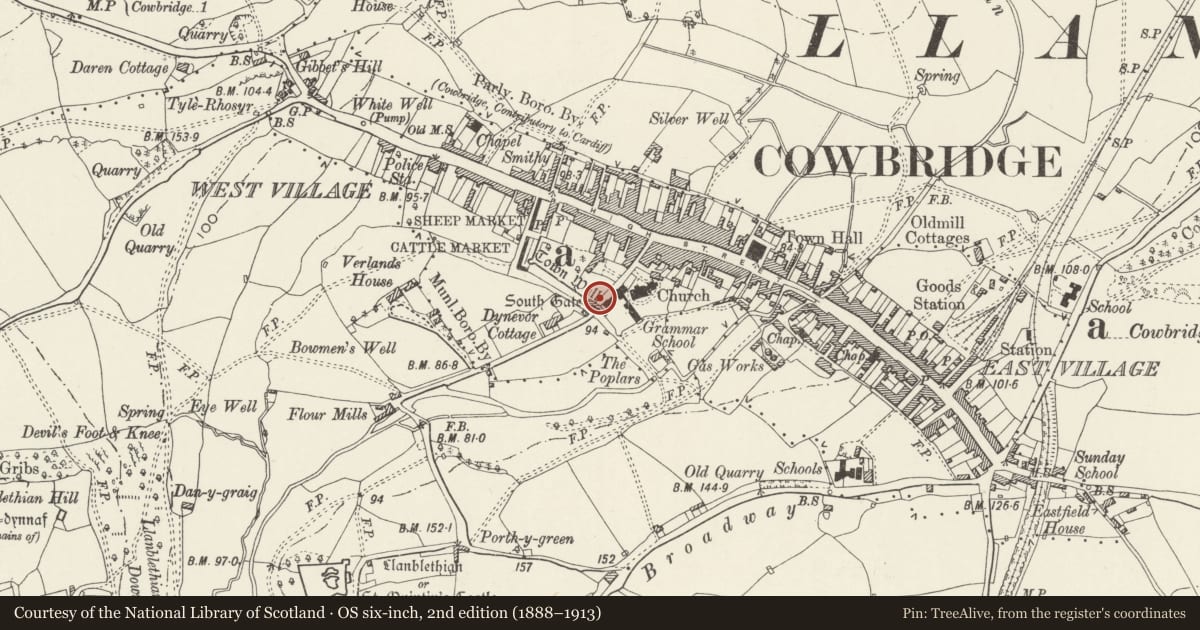 Ordnance Survey six-inch map, 2nd edition (1888–1913) covering the location of SE Wall To former Grammar School Garden, Cowbridge with Llanblethian, Vale of Glamorgan, with a pin at the register's coordinates