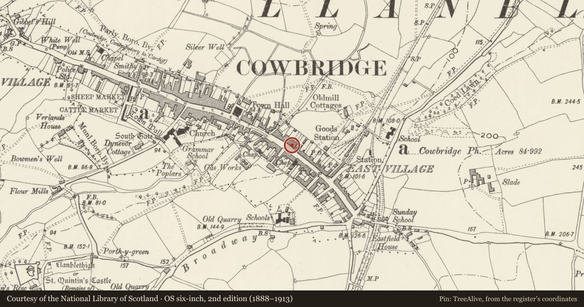 Ordnance Survey six-inch map, 2nd edition (1888–1913) covering the location of 77 Eastgate, Cowbridge with Llanblethian, Vale of Glamorgan, with a pin at the register's coordinates