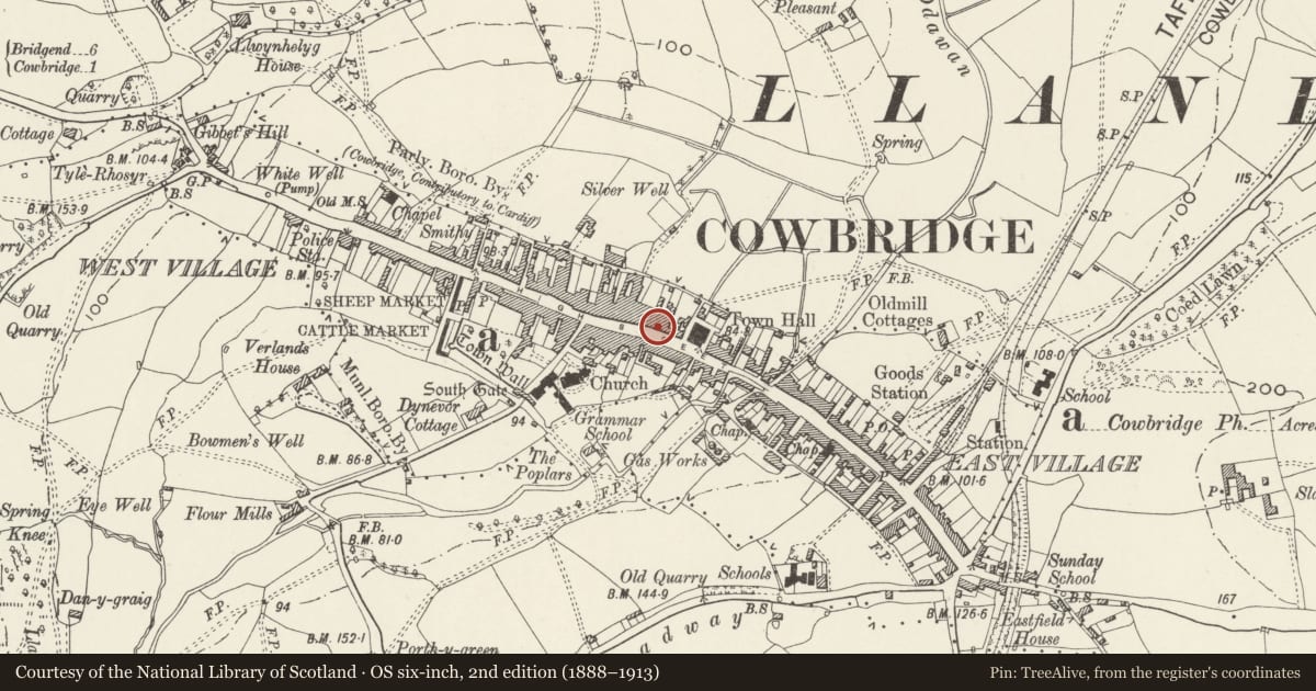 Ordnance Survey six-inch map, 2nd edition (1888–1913) covering the location of 29 High Street, Cowbridge with Llanblethian, Vale of Glamorgan, with a pin at the register's coordinates