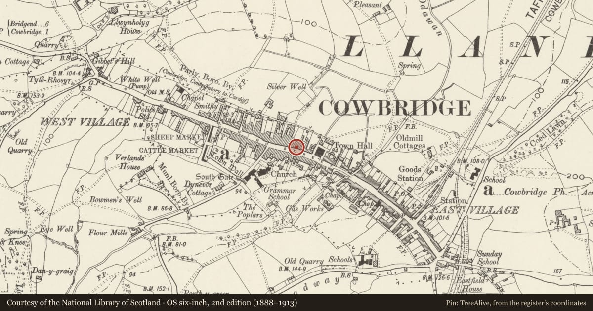 Ordnance Survey six-inch map, 2nd edition (1888–1913) covering the location of Lloyds Bank, Cowbridge with Llanblethian, Vale of Glamorgan, with a pin at the register's coordinates