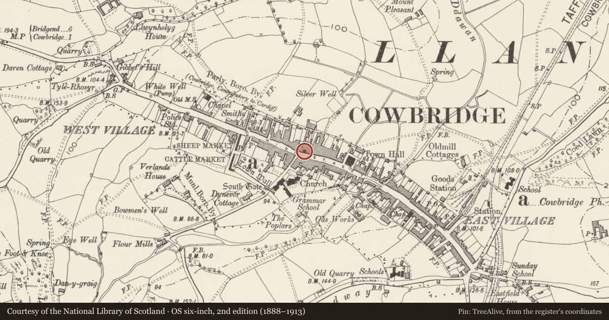 Ordnance Survey six-inch map, 2nd edition (1888–1913) covering the location of Vale of Glamorgan Public House, Cowbridge with Llanblethian, Vale of Glamorgan, with a pin at the register's coordinates