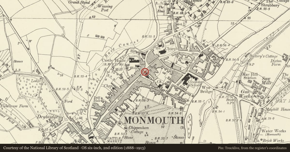 Ordnance Survey six-inch map, 2nd edition (1888–1913) covering the location of Statue of C S Rolls, Monmouth, Monmouthshire, with a pin at the register's coordinates