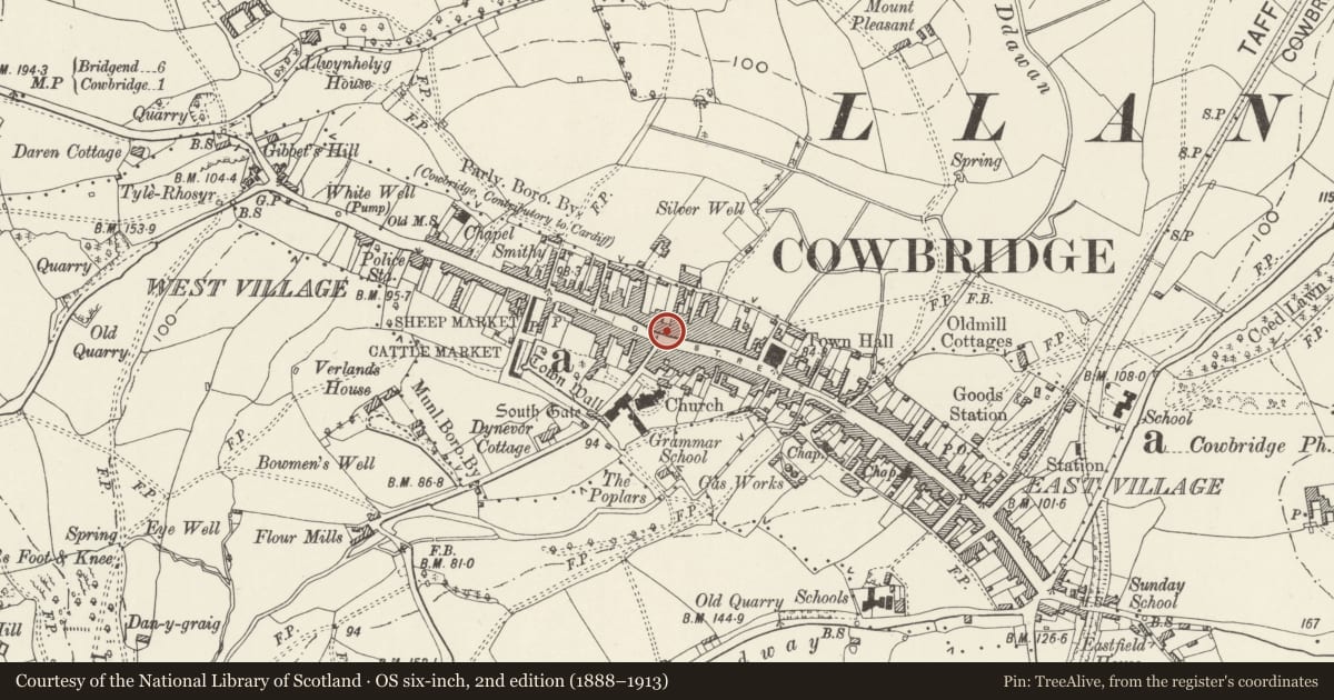 Ordnance Survey six-inch map, 2nd edition (1888–1913) covering the location of Roddam Travel & Watts Morgan, Cowbridge with Llanblethian, Vale of Glamorgan, with a pin at the register's coordinates