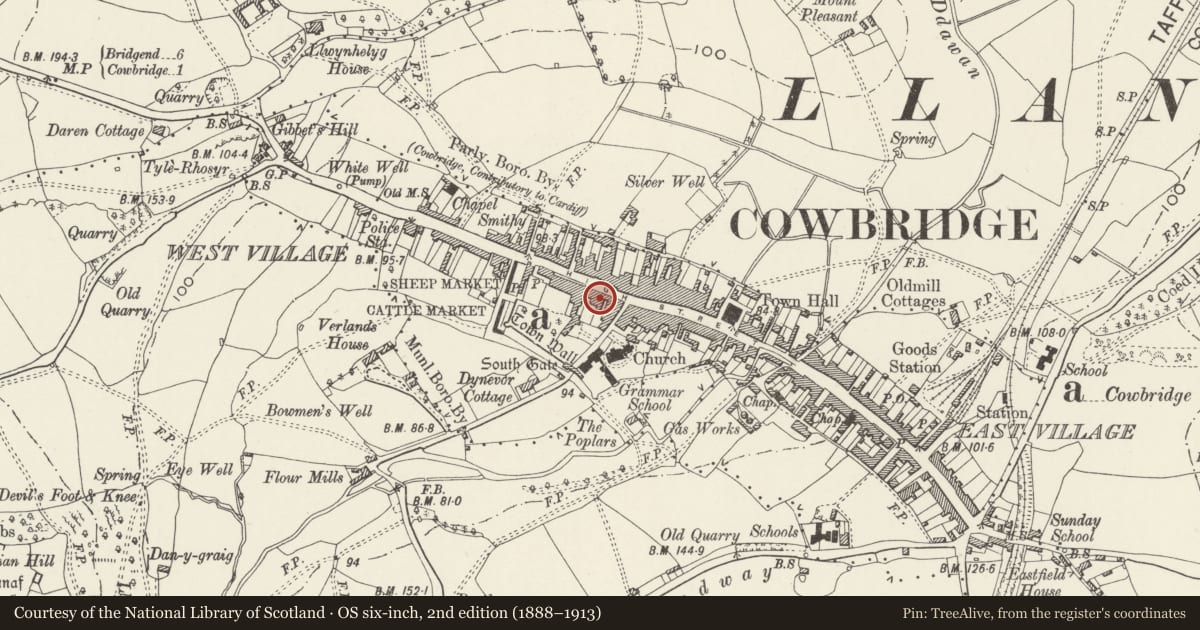 Ordnance Survey six-inch map, 2nd edition (1888–1913) covering the location of 56 High Street, Cowbridge with Llanblethian, Vale of Glamorgan, with a pin at the register's coordinates