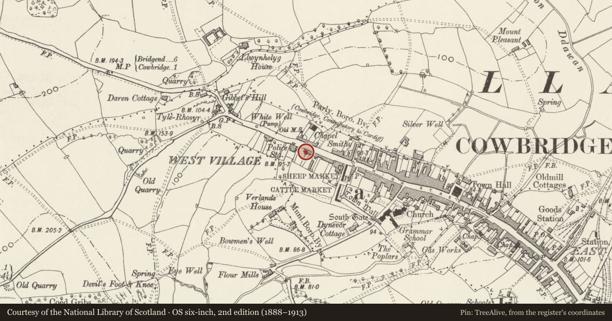 Ordnance Survey six-inch map, 2nd edition (1888–1913) covering the location of 34 Westgate, Cowbridge with Llanblethian, Vale of Glamorgan, with a pin at the register's coordinates