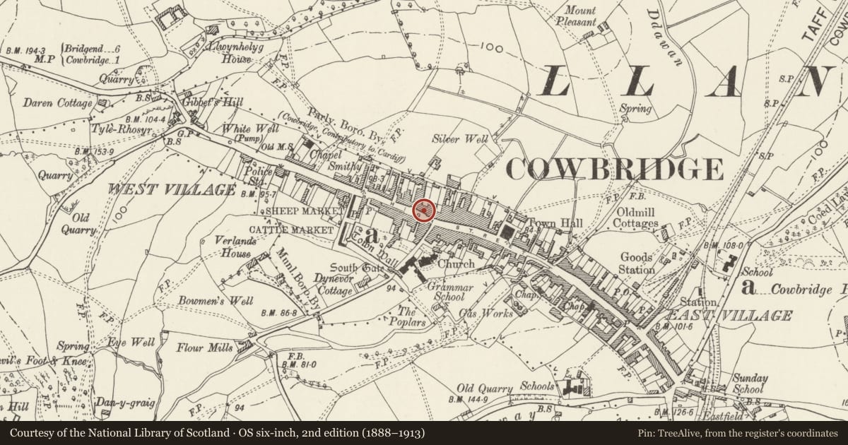 Ordnance Survey six-inch map, 2nd edition (1888–1913) covering the location of HSBC (Midland Bank), Cowbridge with Llanblethian, Vale of Glamorgan, with a pin at the register's coordinates