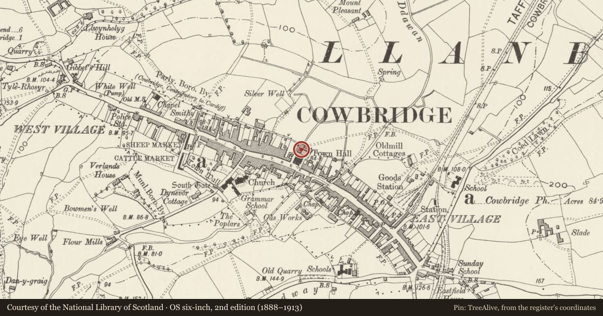 Ordnance Survey six-inch map, 2nd edition (1888–1913) covering the location of Building to rear of Town Hall, Cowbridge with Llanblethian, Vale of Glamorgan, with a pin at the register's coordinates