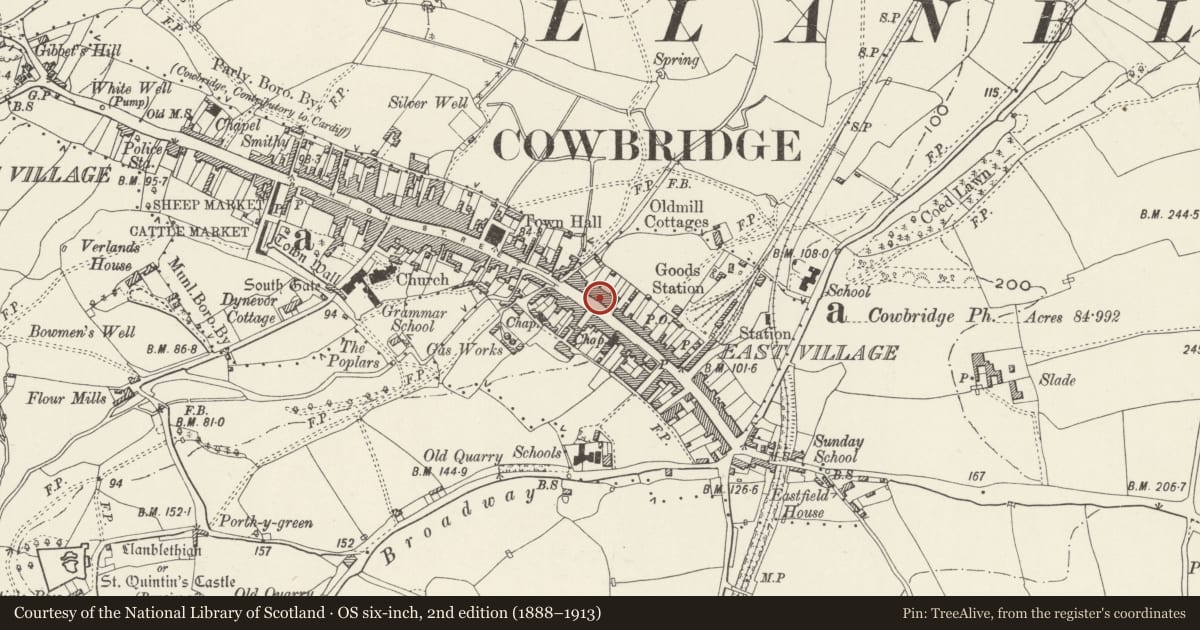 Ordnance Survey six-inch map, 2nd edition (1888–1913) covering the location of Citizens' Advice Bureau, Cowbridge with Llanblethian, Vale of Glamorgan, with a pin at the register's coordinates