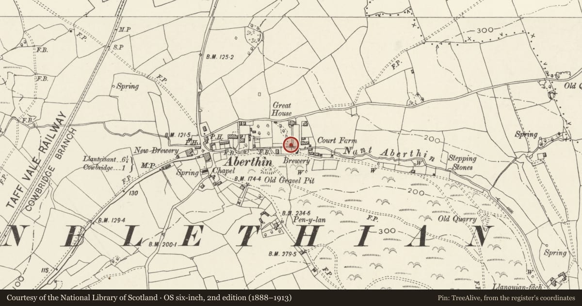 Ordnance Survey six-inch map, 2nd edition (1888–1913) covering the location of Gate House and bridge at Ty Mawr, Cowbridge with Llanblethian, Vale of Glamorgan, with a pin at the register's coordinates