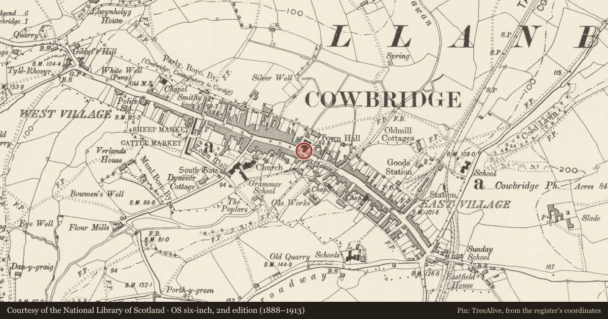 Ordnance Survey six-inch map, 2nd edition (1888–1913) covering the location of War Memorial in front of Town Hall, Cowbridge with Llanblethian, Vale of Glamorgan, with a pin at the register's coordinates