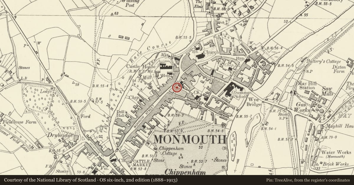 Ordnance Survey six-inch map, 2nd edition (1888–1913) covering the location of The King's Head PH, Monmouth, Monmouthshire, with a pin at the register's coordinates