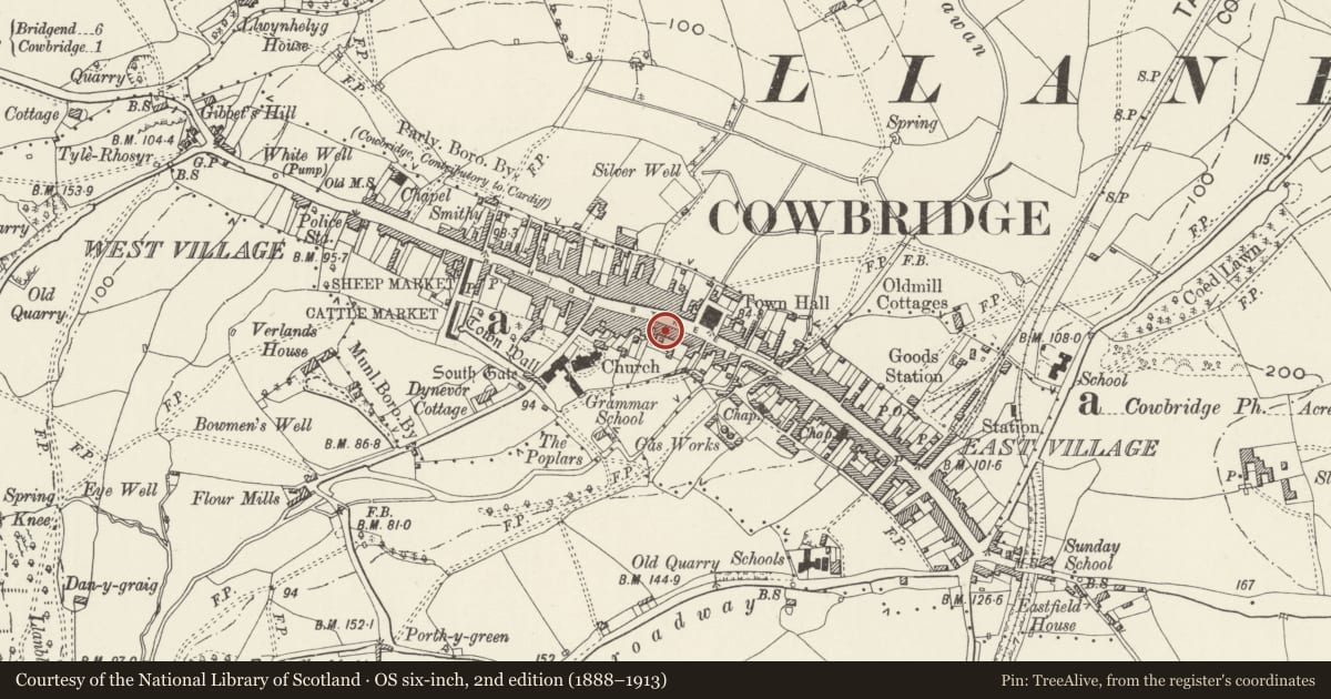 Ordnance Survey six-inch map, 2nd edition (1888–1913) covering the location of 26, Cowbridge with Llanblethian, Vale of Glamorgan, with a pin at the register's coordinates