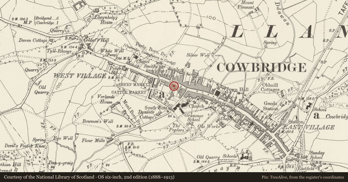 Ordnance Survey six-inch map, 2nd edition (1888–1913) covering the location of Barclays Bank, Cowbridge with Llanblethian, Vale of Glamorgan, with a pin at the register's coordinates