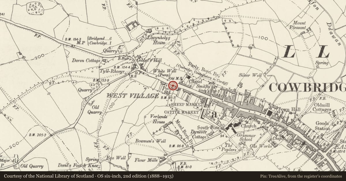 Ordnance Survey six-inch map, 2nd edition (1888–1913) covering the location of Water Pump near Police Station, Cowbridge with Llanblethian, Vale of Glamorgan, with a pin at the register's coordinates