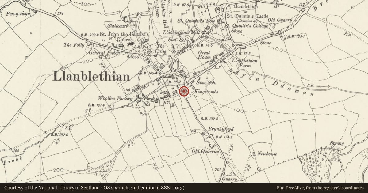 Ordnance Survey six-inch map, 2nd edition (1888–1913) covering the location of Kingscombe, Cowbridge with Llanblethian, Vale of Glamorgan, with a pin at the register's coordinates