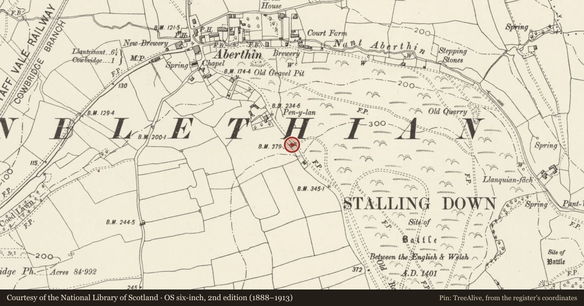 Ordnance Survey six-inch map, 2nd edition (1888–1913) covering the location of Pen-y-Bryn, Cowbridge with Llanblethian, Vale of Glamorgan, with a pin at the register's coordinates