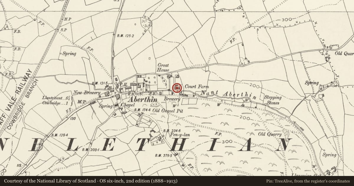 Ordnance Survey six-inch map, 2nd edition (1888–1913) covering the location of Range of buildings at Court Farm, Cowbridge with Llanblethian, Vale of Glamorgan, with a pin at the register's coordinates