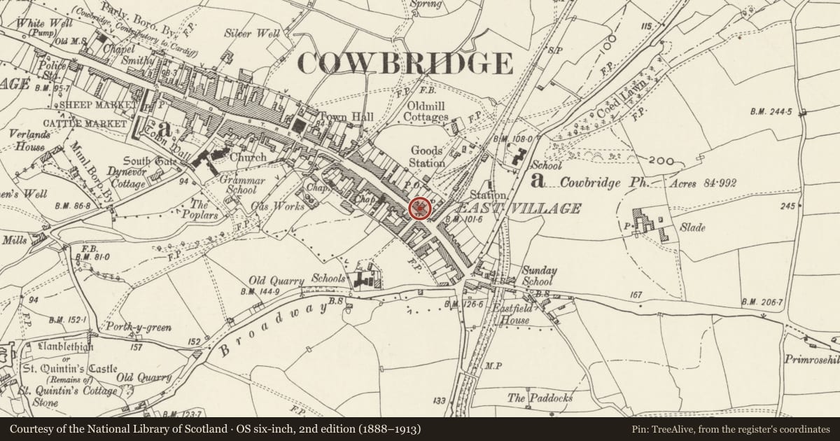 Ordnance Survey six-inch map, 2nd edition (1888–1913) covering the location of 49 Eastgate, Cowbridge with Llanblethian, Vale of Glamorgan, with a pin at the register's coordinates