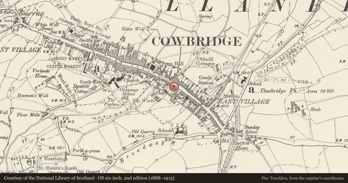 Ordnance Survey six-inch map, 2nd edition (1888–1913) covering the location of Eastgate Gallery, Cowbridge with Llanblethian, Vale of Glamorgan, with a pin at the register's coordinates