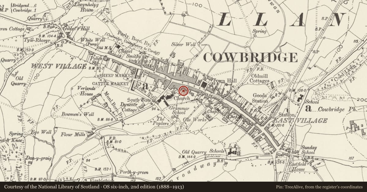 Ordnance Survey six-inch map, 2nd edition (1888–1913) covering the location of Former Coach House to rear of Nos 34 & 36, Cowbridge with Llanblethian, Vale of Glamorgan, with a pin at the register's coordinates