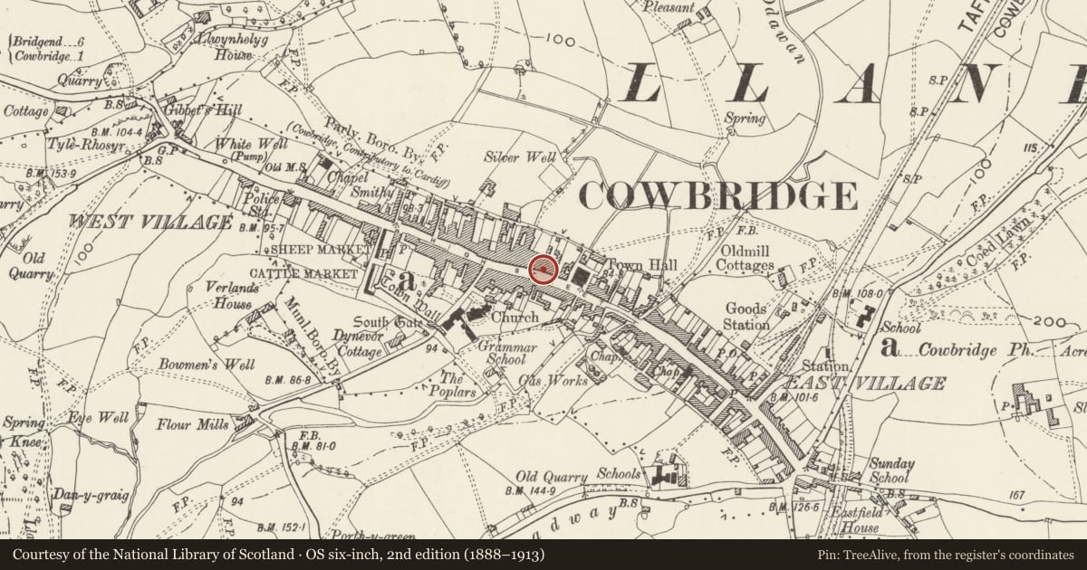 Ordnance Survey six-inch map, 2nd edition (1888–1913) covering the location of 31 High Street, Cowbridge with Llanblethian, Vale of Glamorgan, with a pin at the register's coordinates
