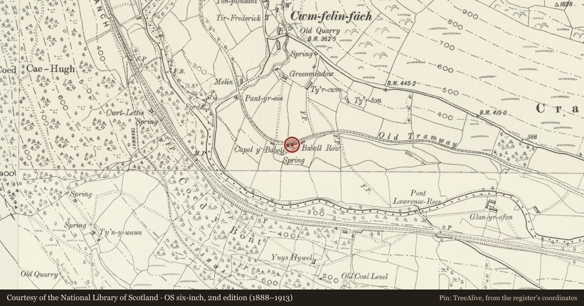 Ordnance Survey six-inch map, 2nd edition (1888–1913) covering the location of Islwyn Monument in Babell Cemetery, Ynysddu, Caerphilly, with a pin at the register's coordinates