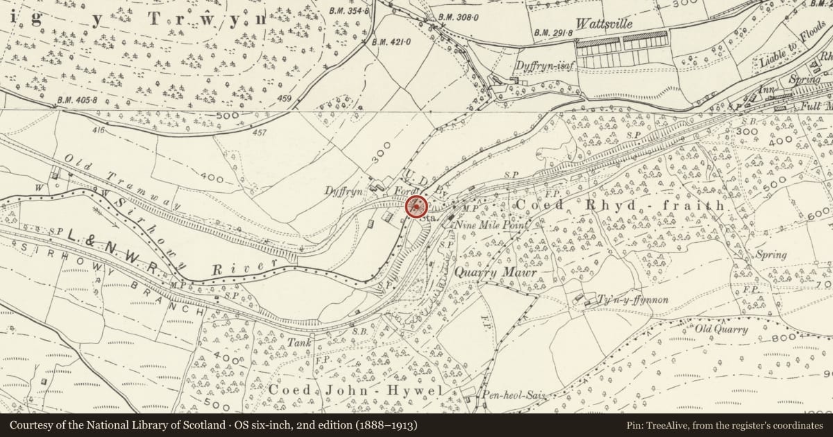 Ordnance Survey six-inch map, 2nd edition (1888–1913) covering the location of Former Penllwyn Tramroad Viaduct at Nine Mile Point, Ynysddu, Caerphilly, with a pin at the register's coordinates