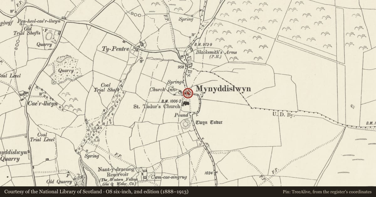 Ordnance Survey six-inch map, 2nd edition (1888–1913) covering the location of Lychgate at St Tudor's Church Mynyddislwyn, Ynysddu, Caerphilly, with a pin at the register's coordinates