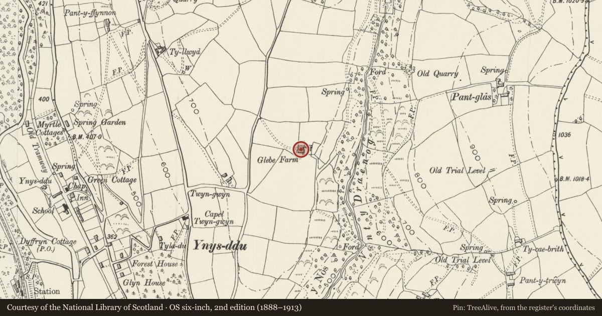 Ordnance Survey six-inch map, 2nd edition (1888–1913) covering the location of Glebe Farm, Ynysddu, Caerphilly, with a pin at the register's coordinates