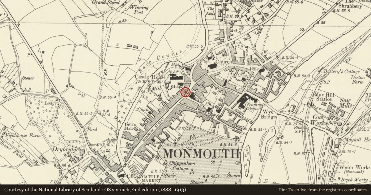 Ordnance Survey six-inch map, 2nd edition (1888–1913) covering the location of 13 Agincourt Square, Monmouth, Monmouthshire, with a pin at the register's coordinates