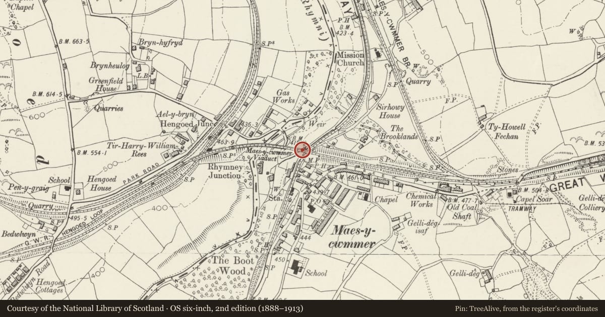 Ordnance Survey six-inch map, 2nd edition (1888–1913) covering the location of Hengoed Viaduct (partly in Gelligaer community), Maesycwmmer, Caerphilly, with a pin at the register's coordinates