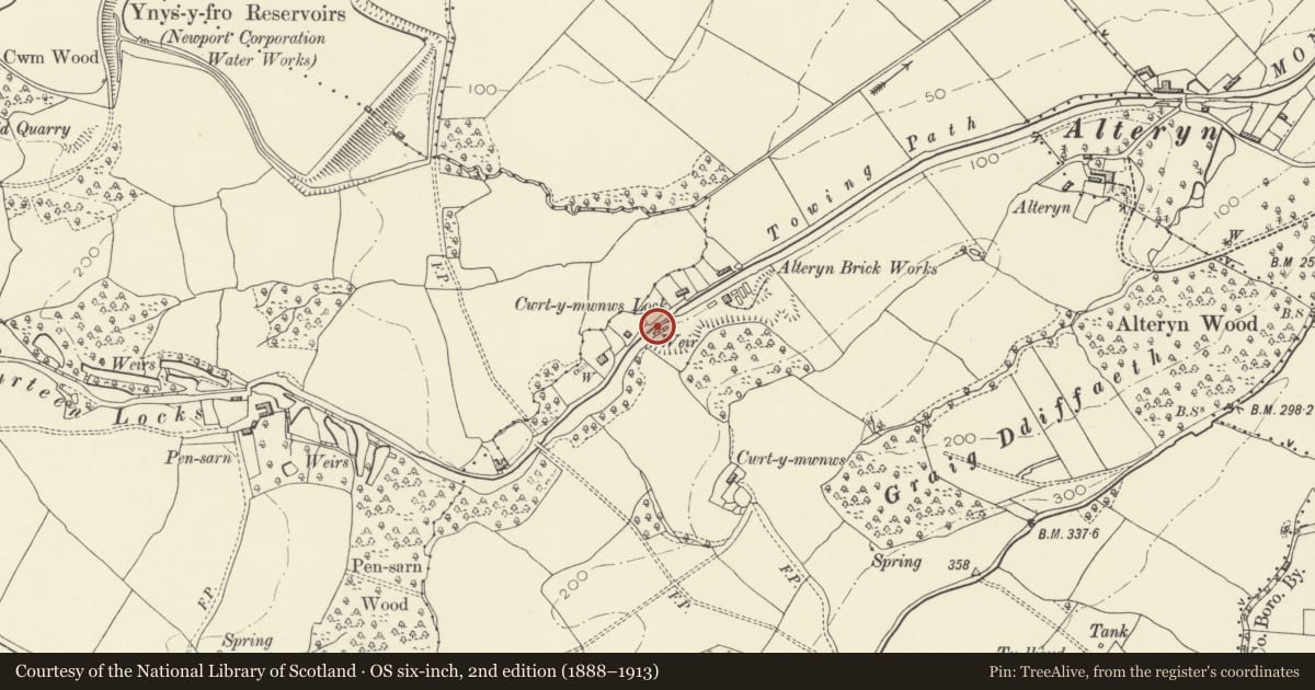 Ordnance Survey six-inch map, 2nd edition (1888–1913) covering the location of Cwrt-y-mwnws Lock, Monmouthshire and Brecon Canal, Allt-yr-Yn, Newport, with a pin at the register's coordinates