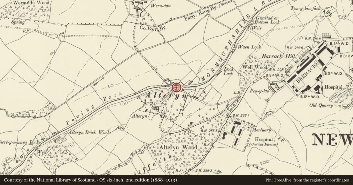 Ordnance Survey six-inch map, 2nd edition (1888–1913) covering the location of Allt-yr-yn Lock and Little Lock, with intermediate bridge and basin, Monmouthshire and Brecon Canal, Newport, with a pin at the register's coordinates