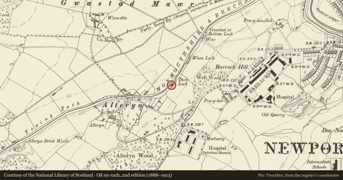 Ordnance Survey six-inch map, 2nd edition (1888–1913) covering the location of Dock Lock, Monmouthshire and Brecon Canal, Allt-yr-Yn, Newport, with a pin at the register's coordinates