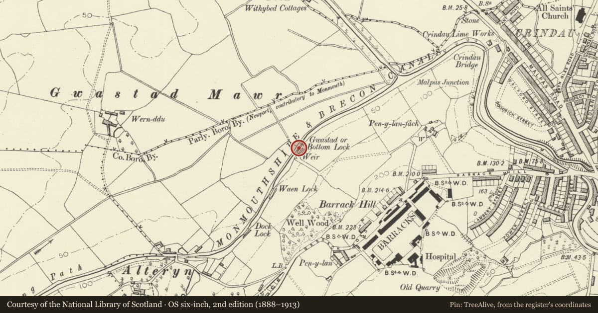 Ordnance Survey six-inch map, 2nd edition (1888–1913) covering the location of Bottom Lock and Bridge, Monmouthshire and Brecon Canal, Allt-yr-Yn, Newport, with a pin at the register's coordinates