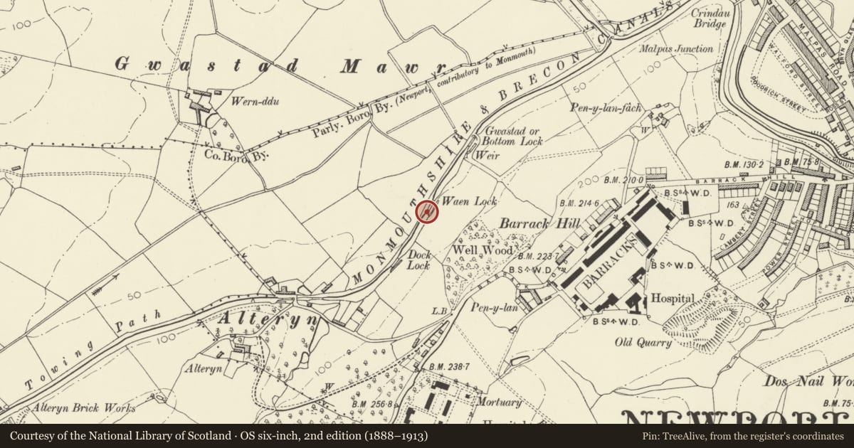 Ordnance Survey six-inch map, 2nd edition (1888–1913) covering the location of Waen Lock, Monmouthshire and Brecon Canal, Allt-yr-Yn, Newport, with a pin at the register's coordinates