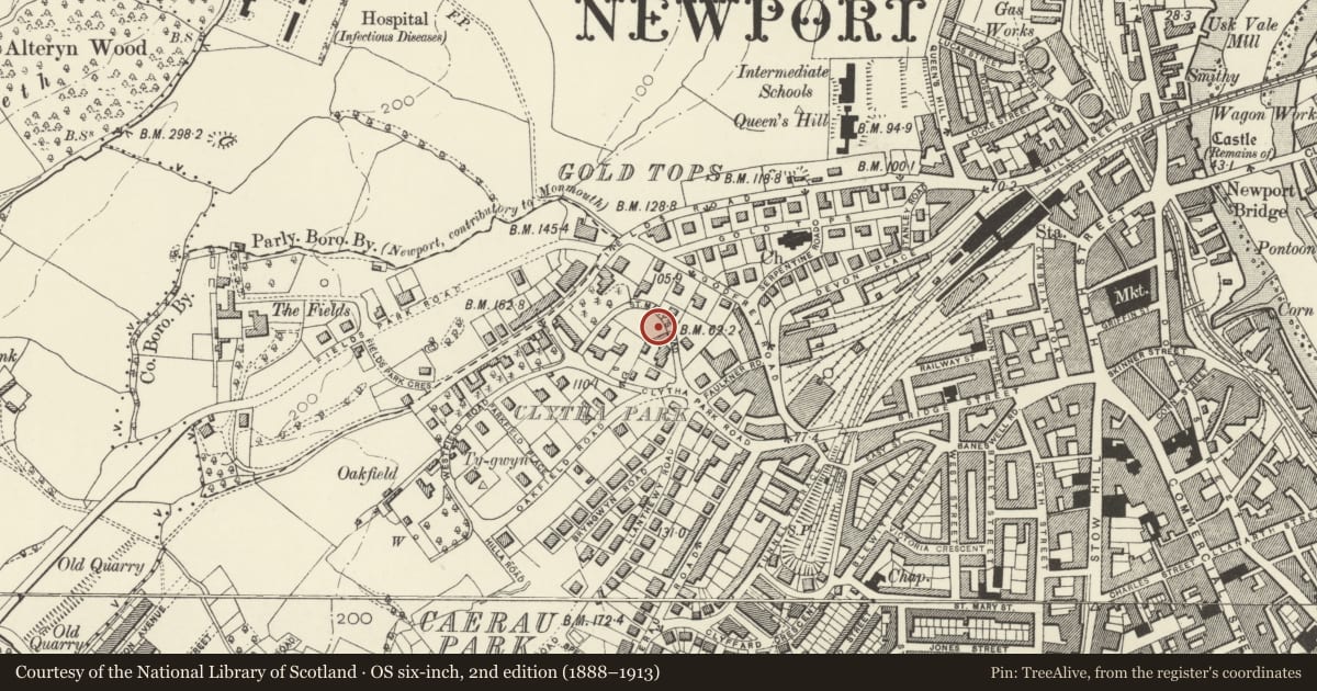 Ordnance Survey six-inch map, 2nd edition (1888–1913) covering the location of Newport Civic Centre, Allt-yr-Yn, Newport, with a pin at the register's coordinates