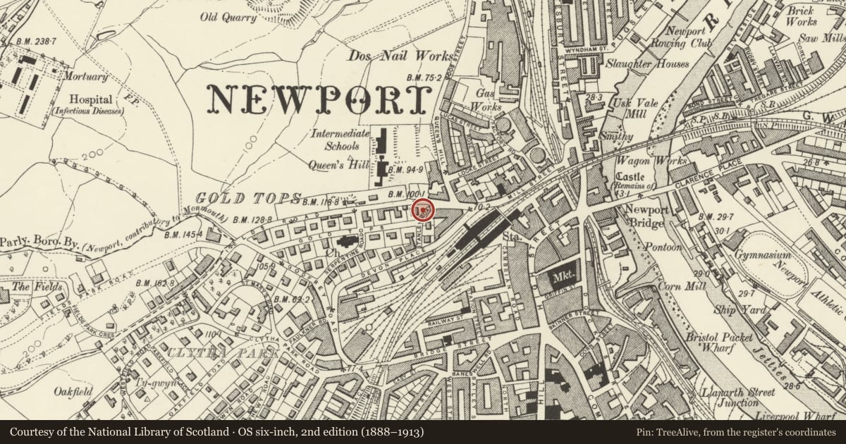 Ordnance Survey six-inch map, 2nd edition (1888–1913) covering the location of Entrance gates to Newport Magistrates Court, Allt-yr-Yn, Newport, with a pin at the register's coordinates