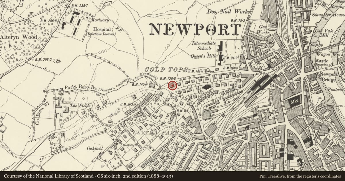 Ordnance Survey six-inch map, 2nd edition (1888–1913) covering the location of No. 12 Gold Tops, Allt-yr-Yn, Newport, with a pin at the register's coordinates