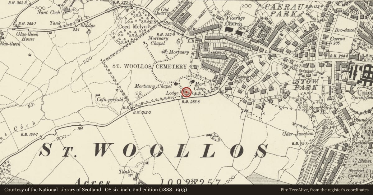 Ordnance Survey six-inch map, 2nd edition (1888–1913) covering the location of Main entrance gate, railings and flanking walls at St Woolos Cemetery, Allt-yr-Yn, Newport, with a pin at the register's coordinates