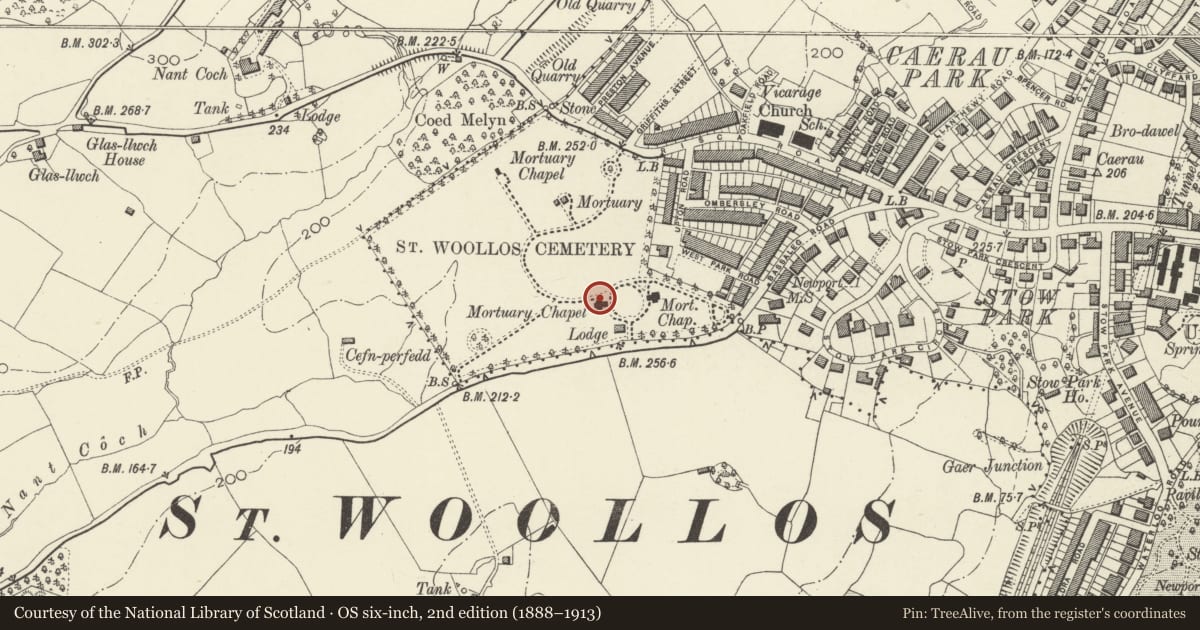 Ordnance Survey six-inch map, 2nd edition (1888–1913) covering the location of Former Nonconformist Chapel at St Woolos Cemetery, Allt-yr-Yn, Newport, with a pin at the register's coordinates