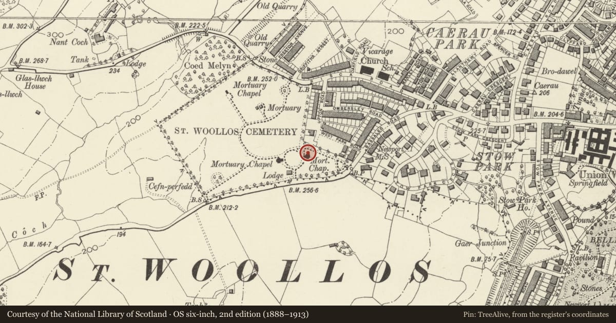 Ordnance Survey six-inch map, 2nd edition (1888–1913) covering the location of Former Anglican Chapel at St Woolos Cemetery, Allt-yr-Yn, Newport, with a pin at the register's coordinates