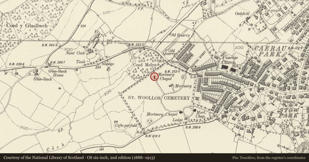 Ordnance Survey six-inch map, 2nd edition (1888–1913) covering the location of Former Roman Catholic Chapel at St Woolos Cemetery, Allt-yr-Yn, Newport, with a pin at the register's coordinates